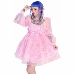 My Violet Lovestruck Kitten Party Dress with Sheer Puff Sleeves